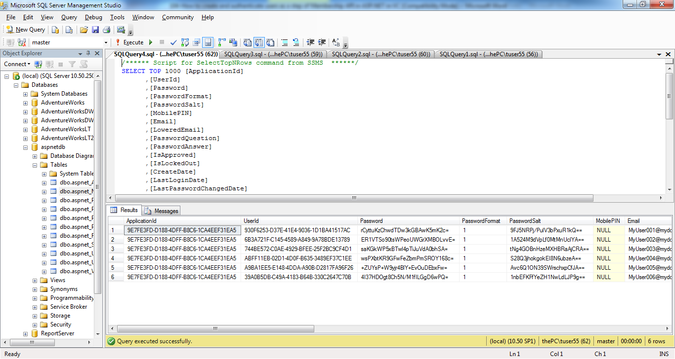 The aspnet_Membership table with the password-hash and salt values in ...